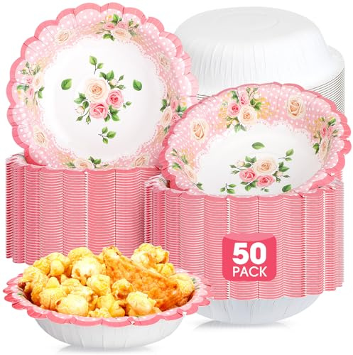 Domensi 50 Pcs Easter Floral Paper Tea Bowls 12 oz Vintage Flower Disposable Bowls Tea Party Decorations for Spring Hot Cold Food Serving Salad Soup Birthday Baby Shower Wedding Supply(Pink)
