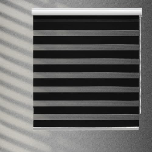 YIIBAII Day and Night Roller Blinds Zebra Blinds Blackout or Translucent Vision Roller Shades for Windows and Doors(W 55cm x L 150cm,Black)