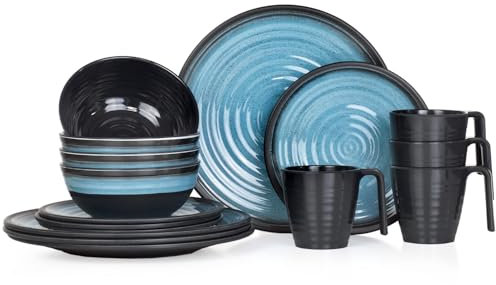 Vaisselle de camping en mélamine pour 4 personnes - Bleu pierre + 4 tasses à café en pierre - Vaisselle de table - Pour pique-nique et barbecue