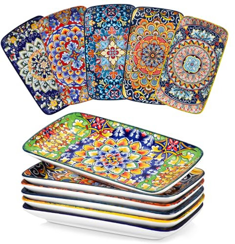 vancasso SIMI Juego de 6 Platos para Servir - 24,7x14,2 cm Platos Rectangulares para Aperitivos, Sushi, Fruta, Ensalada, Postre - Apto para Microondas/Horno/Lavavajillas - Estilo Bohemio Colorido