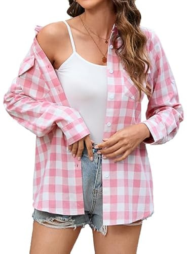 Stamain rutig skjorta damer blus långärmad traditionell blus Oktoberfest skogsarbetarskjorta rutig skjorta damer bomull lång blus damer toppar rullande v-ringad toppar S-3XL, Rosa 1, XXL