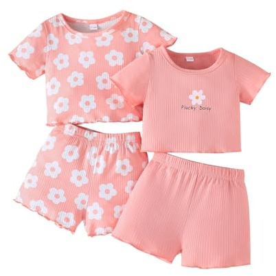 LUVCES 4 Piezas Conjunto para Niñas Pequeñas Primavera Manga Corta Color Sólido/Estampado Floral Camiseta y Pantalones Casual Verano Ropa de Casa 4Pcs Manga Corta rosa 12-18 Meses
