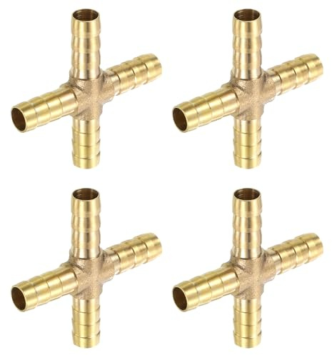 QUARKZMAN 4Pcs Latón 4 Vías Tubo Accesorio, 5/16 (8mm) Cruce Púa Unión Conector Tubería Adaptador para Agua/Combustible/Aire Transporte Conexión Tuberías