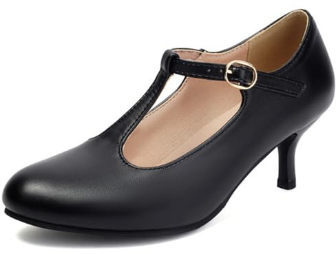 Eestfy T-Strap Mary Jane Pumps Damen Runde Zehe Kelchabsatz Klassische High Heel Hochzeitskleider Schuhe für Herbst und Frühling Cocktail Party Kunstleder PU Leder,Schwarz,39 EU