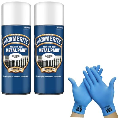 Hammerite Direct to Rust Metal Spray Paint Smooth White 400ml Twin Pack + Free Nitrile Gloves | Fast-Drying Aerosol, Durable Rust Protection for Indoor & Outdoor Metal