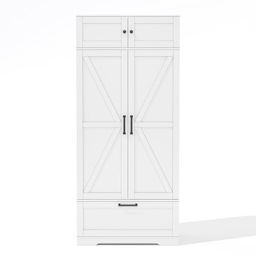 Armadio da cucina autoportante, con cassetti e ante a battente, ripiano regolabile, maniglie in metallo, chiusura magnetica (Blanc)