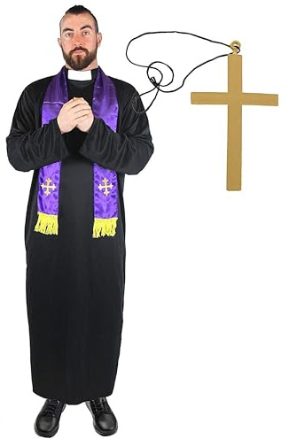Men’s Priest Costume with Gold Cross Necklace - XXLarge - Long Black Robe with White Clerical Collar, Purple Scarf Vestment & Large Gold Cross - Deluxe Religious Novelty Fancy Dress Outfit