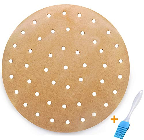 100pcs Unbleached Air Fryer Liners, 9inch Bamboo Steamer Liners, Vancens Premium Perforated Parchment Steaming Paper Rounds, Non-stick Steamer Mat, Perfect for 5.3 & 5.8 QT Air Fryers/Baking/Cooking