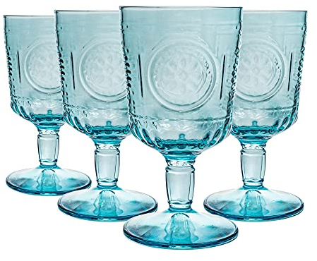 Bormioli Rocco Romantic Wine Glasses Set - Vintage Italian Cut Glass Goblets - 320ml - Blue - Pack of 12