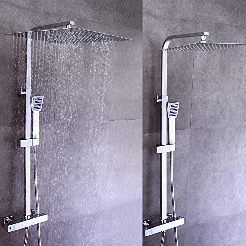 Dusche mit Thermostat Brausegarnitur Regenduschkopf mit Handbrause Regenbrause Duschsystem Duscharmatur Duschsäule Regendusche Duschset Verstellbarer Brausestangenkopf 40x40cm