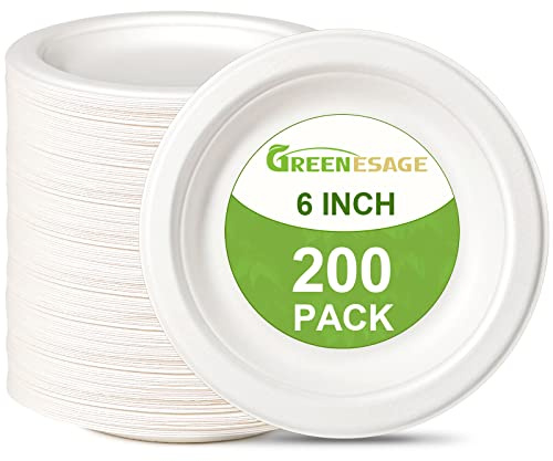 GREENESAGE Small Paper Plates 6 inch, 200 Pack Compostable Disposable Plates for Dessert, Cake, Appetizer