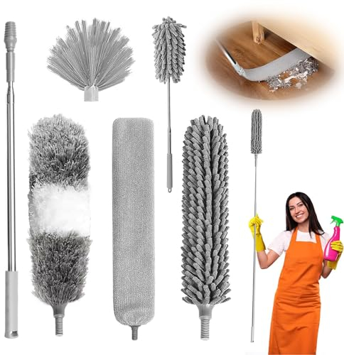 7 Piezas Plumero telescópico, Palo Extensible Limpieza, Largo Extensible hasta 2,1 m y Lavable, Duster Limpieza Ventiladores Techo Alto, para Ventanas, Muebles, Ventilador de Techo