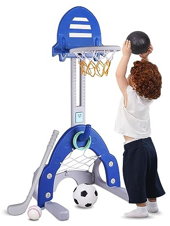 Sinbide Panier de Basket sur Pied 4 en 1 Panier de Basket extérieur pour Petits Enfants Hauteur réglable 39-123 cm，Football, Golf, Lancer d'anneaux, Boîte à Musique, Éducatifs Interactifs (Bleu)