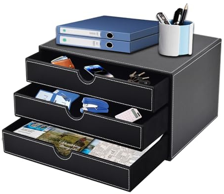 XNONE Home Office Desktop skrivbordslåda med 3 stängda A4-fack, smyckeskrin i PU-läder smyckesorganisatör, kosmetisk arrangör, U-formad öppning, handsydda sömmar (svart)