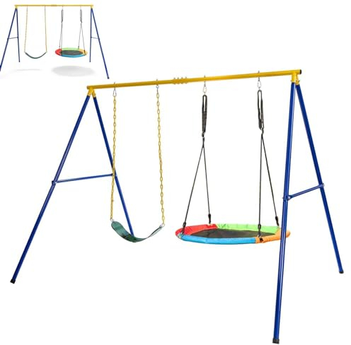 Maxmass Metal Kids Swing Set with Nest & Belt Swings for Garden Playground - Yellow Frame