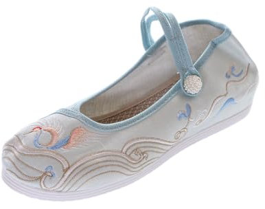Kawaii-Story BJ-004 Light Blue Crane Bird Clouds Satin Embroidered Vintage Hanfu Strap Ballerina Chinese Fabric Shoes, blue, 7 UK