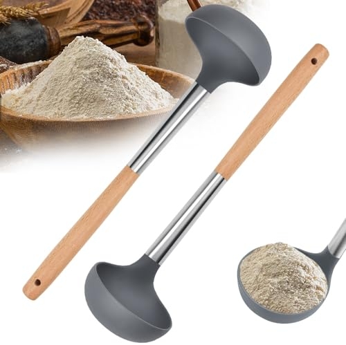 DIKEBAO 2 pcs Suppenkelle Silikon Hitzebeständigkeit Schöpflöffel Groß Soßenkelle mit Griffen aus Edelstahl und Holz 8.5cm Suppenkellen Schöpfkelle Großküche für Kochen Rühren Servieren