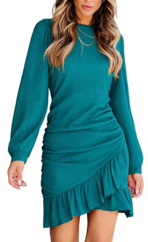 CUPSHE Vestido de punto con fruncidos para mujer, otoño, con volantes en el dobladillo, cuello redondo, manga larga, ajustado, sexy, casual, mini vestido de vacaciones, Verde azulado, Large