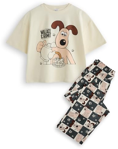 Wallace And Gromit Womens Pyjama Set | Ladies Gromit Tea Classic Logo Short Sleeve Top & All Over Print Graphic Loungewear Bottoms in Grey & Navy | Classic Movie Comedy Series Merchandise Gift