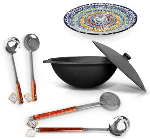 ZARENHOFF Set – Uzbeko Hierro fundido Kazan 22 L base redonda, tapa de aluminio fundido, 2 espumaderas de 64 cm, cucharón de 48 cm, cuchara espumante 48 cm Lagan 42 cm olla WOK Ljagan Namangan Asia
