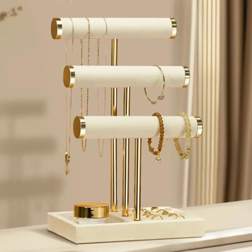 Josmimic 3 Tier Bracelet Holder Display - Detachable T Bar Beige Velvet Bracelet Holder, Jewelry Holder Organizer for Bracelet, Necklace, Watches, Rings