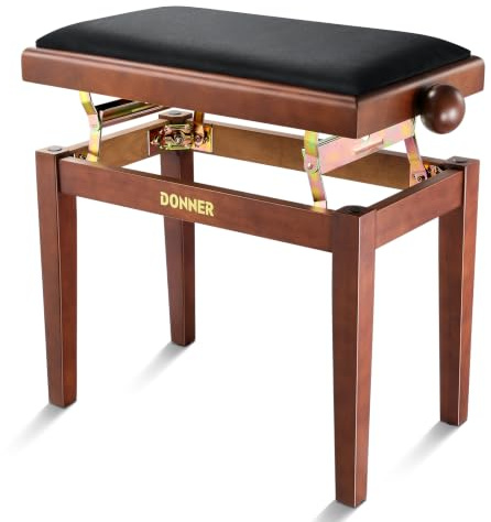 Donner Adjustable Piano Bench-Solid Wood Keyboard Bench Piano Chair Seat with High-Density Sponges Cushion，Traditional Vintage Wooden Piano Stool with Metal Lifting Devices, Brown-Matt