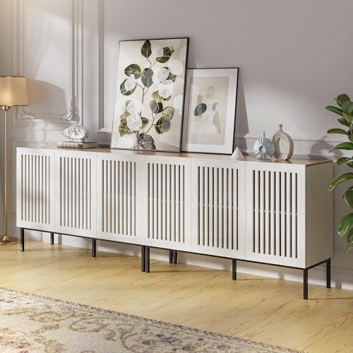 BVIUNTWO 95 Farmhouse Buffet Cabinet with Grille Doors, Adjustable Shelves & 6 Doors, Storage Sideboard with Metal Base for Kitchen, Dining & Living Room, Antique White