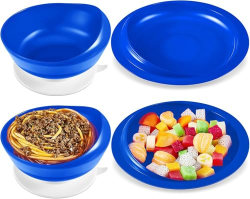 Spill Proof Scoop Plate and Bowl with Suction Base, Suction Cup Bowl, Parkinsons Aids for Living, Adaptive Dinnerware Feeding Aids for Elderly and Disabled (One Plate+one Bowl,Blue)