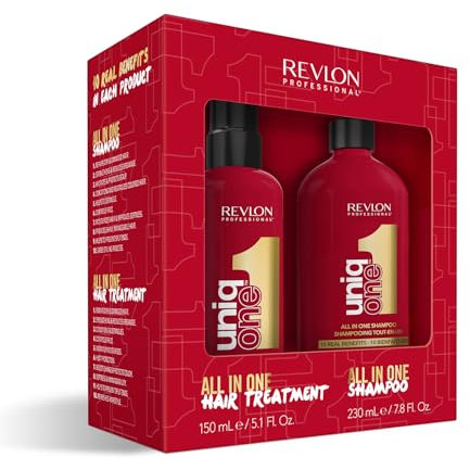 REVLON PROFESSIONAL UniqOne Pflege-Set: Hair Treatment Classic, 150 ml, Leave in Haarkur, Anti Frizz Spray mit Hitzeschutz & Shampoo, 230 ml, für seidiges, glänzendes und gut kämmbares Haar, vegan