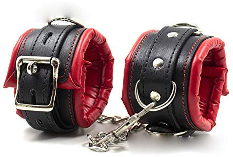 BONDAGERIE® Manette per Coppia Nero e Rosso, imbottite e morbide, sexishop uomo donna lui lei accessori catenina metallo