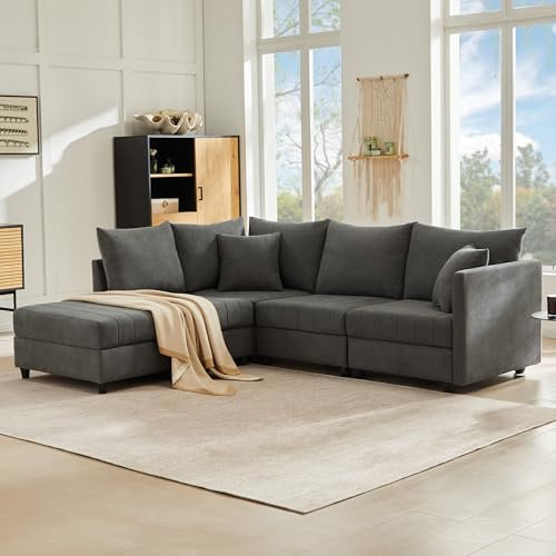 Merax Ecksofa Modulares 5-Sitzer Sofa mit multifunktionalem Fußhocker (L/U-Form), Atmungsaktive Baumwolle-Leinen-Kombi, Modernes Vertikalstreifen-Design, Premium Komfort, Raumsparend & Wandelbar, Grau