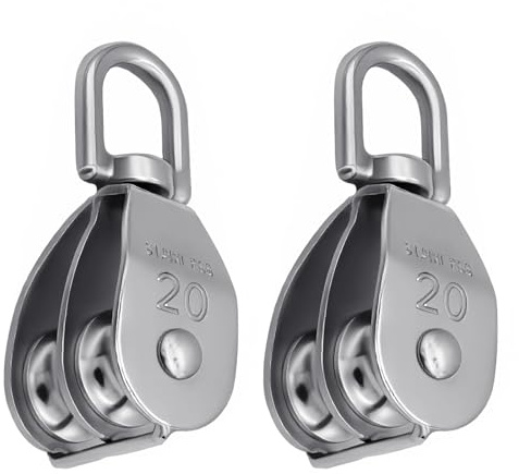 2 PCS M20 Bloque de Polea Doble de Acero Inoxidable 304, Polea de Rodillos Giratorios Dobles M20, Doble Rueda, Poleas con Gancho Giratorio para Cuerda de hasta 6 mm, Capacidad de Carga de 75 kg