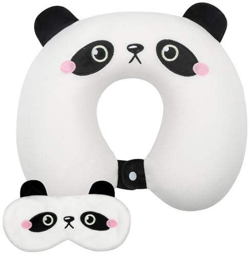 Alaoo Cuscino da Viaggio per Bambini, Cuscino Portatile per il Collo dei Bambini, Cuscino Da Viaggio Memory Foam Per Bambini, Con Benda sull'occhio, per il Collo per Auto,Aereo,Ufficio(Panda)