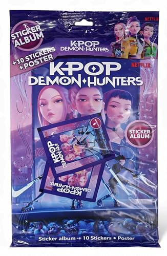 K-Pop Demon Hunters Starter Pack – Album Sticker + 2 Bustine Figurine + Poster Ufficiale, Set Collezione Fan K-Pop