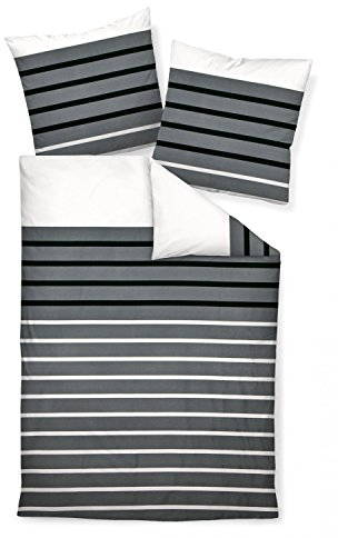 Janine Bettwäsche-Set J.D. 87017 Farbe 08 Schiefer Schwarz 100% Baumwolle Mako-Satin Modernes Streifen-Design, Größe:200x200 cm + 2 x 80x80 cm