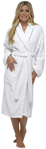 BRANDBUYS Ladies Luxury Terry Towelling Cotton Dressing Gown Bathrobe Highly Absorbent Women Hooded and Shawl Towel Bath Wrap (12-14, Shawl White)