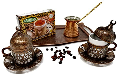 Turkish medium roast Coffee Gift Set for Two with Ground Coffee Perfect Starter Kit Ottoman Style Arabic Kahwa Pot (Copper)