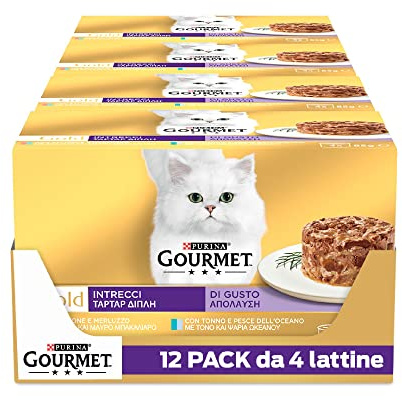 GOURMET Gold Intrecci di gusto Cibo Umido per Gatti Adulti Tortino con Salmone e Merluzzo & Tonno e pesce dell'Oceano 48 Lattine da 85g