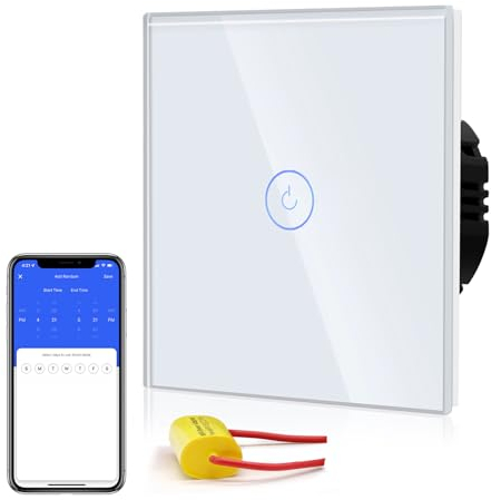 BSEED Smart Light Switch,WiFi Touch Wall Switches with Glass Panel,LED Lights,Work with Alexa/Smart Life App Control,Without Neutral Wire,1 Gang 1 Way,86mm White
