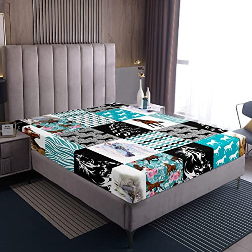 Pferdebettwäsche Set Western Farmhouse Spannbettlaken Für Mädchen 160 x 200 x 30 Boho Arrow Teal Zebra Stripe Spannbettlaken Kinder Jungen Frauen Rose Flower Rustic Cowboy Spannbettlaken Schwarz Weiß
