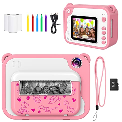 Ushining Appareil Photo à Impression Instantanée pour Enfant, Appareil Photo Numérique avec 2,4 Pouces écran Carte TF 32 Go 3 Rouleaux de Papier à Imprimer, Cadeau pour Filles Garçons de 3 à 12 Ans