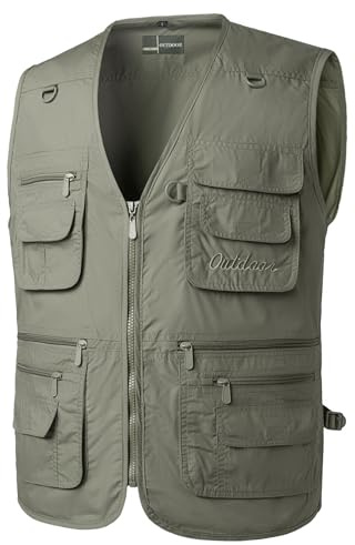 Yukirtiq Hombres Chaleco de Pesca Transpirable Bolsillo Múltiple Chalecos Táctica Ligero Chaleco de Trabajo Caza Senderismo Chaleco de Secado Rápido, Verde, 4XL