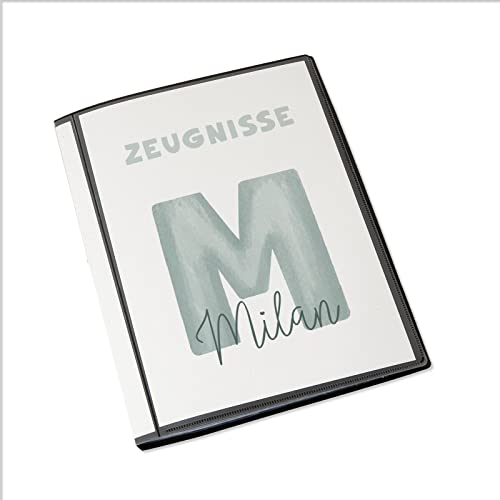 hellomini Personalisierte Zeugnismappe Kinder - Mint Buchstabe - DIN A4 - 20 Hüllen - Einschulung Geschenk
