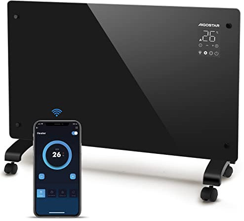 Aigostar Helen Smart - Convecteur électrique à panneau de verre ultra fin, 1000/2000W. Connexion Wi-Fi, Alexa, minuterie 24h, 3 modes, écran tactile LED. Programmable. Fixation murale ou sur pied.