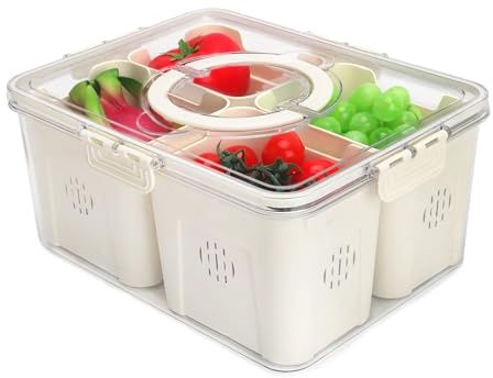shopwithgreen Fruit Storage Containers for Fridge with Lid and Handle, Portable Fresh Produce Saver, Food Box Container with 4 Removable Colanders for Berry, Vegetable, Refrigerator Organizer Bins
