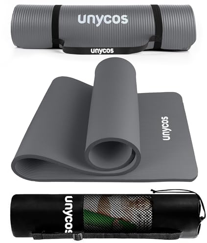 unycos - Tappetino Antiscivolo da Yoga, Pilates e Ginnastica Extra Spesso 10 mm, 183x60 cm | 72,04x23,62 Materassino Fitness, Schiuma NBR, Tracolla, Borsa (Grigio)