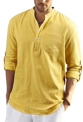 Enlision Hommes Chemises en Lin Solid Henley Shirts Casual Manches Longues été Mao Chemise de Plage Classique