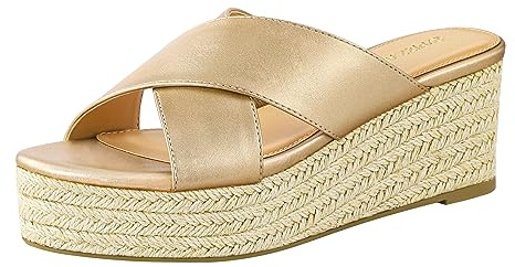 PIZZ ANNU Sandalen Damen Espadrilles Plateau Keilabsatz Frauen Sandaletten Keilsandalen Hausschuhe Pantoletten Elegant Sommer Schuhe Champagner EU 40