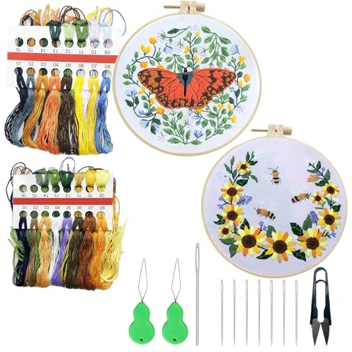 Allazone 2 Pz Ricamo Starter Kit, Kit per Ricamo con Motivo e Istruzioni, Ricamo Starter Kit Set, Set da Ricamo per Principianti, Adulti e Bambini, Per Fai Da Te, Artigianato (Farfalla)