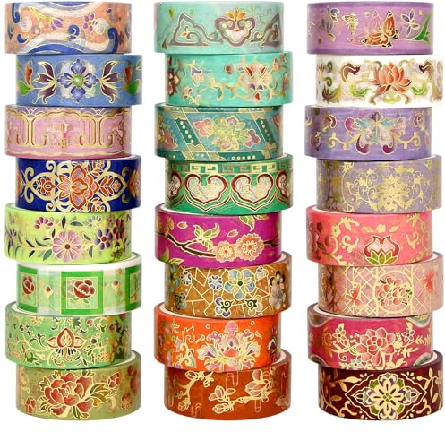 Jniseger 24 Rollen Washi Tape Set, Goldfolie Floral Dekorative Tape für Scrapbooking, Bullet Journaling, Planer, DIY Crafts, Weihnachten